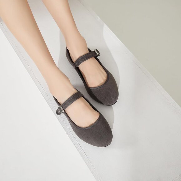 Babudog Womens Grey Faux Suede Rounded Toe Ankle Strap With Buckle Flats - Picture 6 of 9